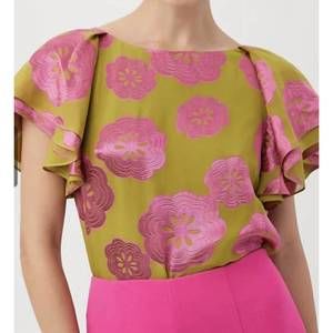 Trina Turk Chartreuse and Pink Floral Blouse